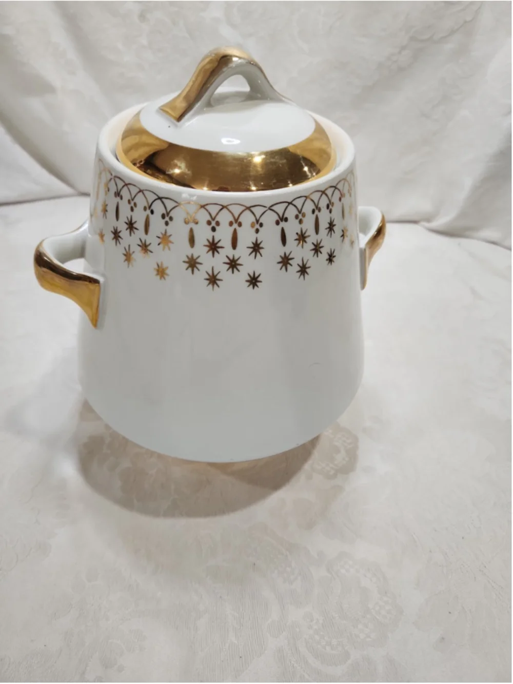 Vintage Flare Ware Hall China Lidded Cookie Jar Canister Atomic Stars Gold Lace